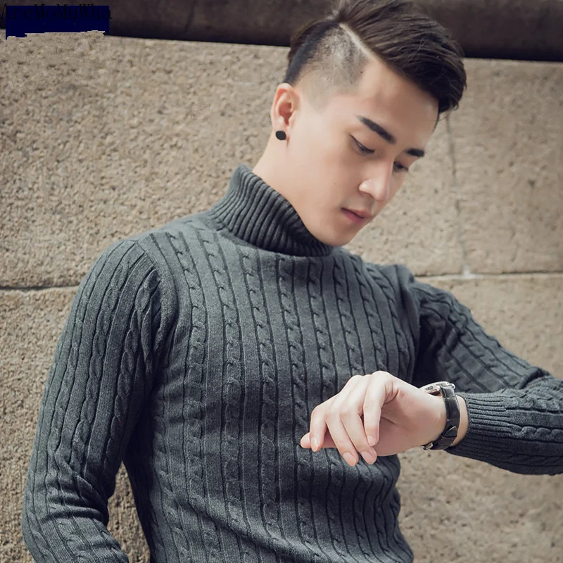 Winter Black Turtleneck Sweater Men's Thick Plus Velvet Sweater Slim Korean Youth Long-sleeved Cotton Sweater Knitted Sweater