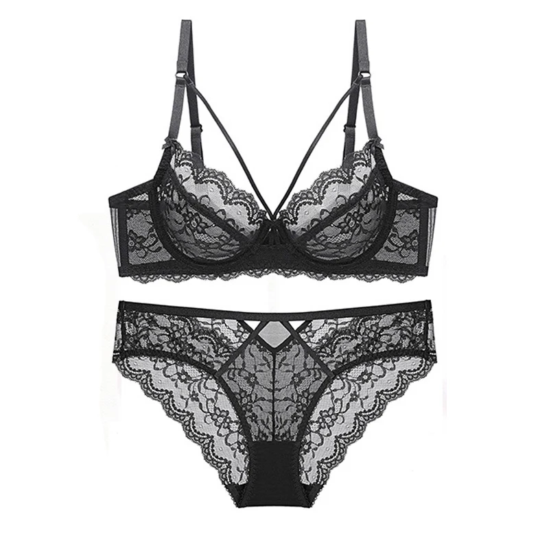 

Sexy lace ultra-thin underwear women no sponge temptation Brief Sets transparent underwear briefs women's large bra set