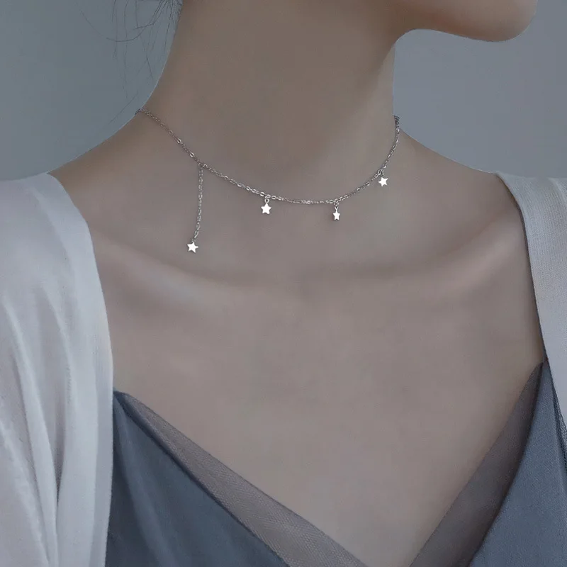 

925 Sterling Silver Tassel Clavicle Chain Star Pendnet Choker Necklace For Women Party Wedding Jewelry dz438