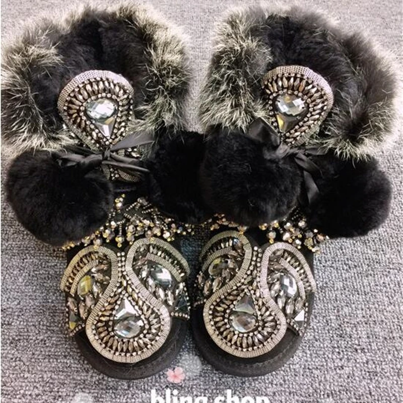 Женские зимние сапоги Новинка 2019 года Зимние с алмазными стразы Теплые кроличьим