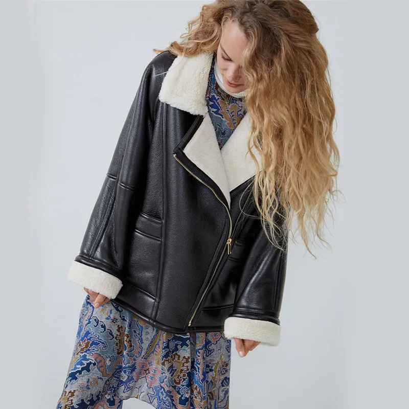 ZA Женская куртка из искусственной кожи Модная новая хлопковая одежда из овечьей шерсти мотоциклетная куртка с отворотом крутая свободная металлическая пряжка ретро
