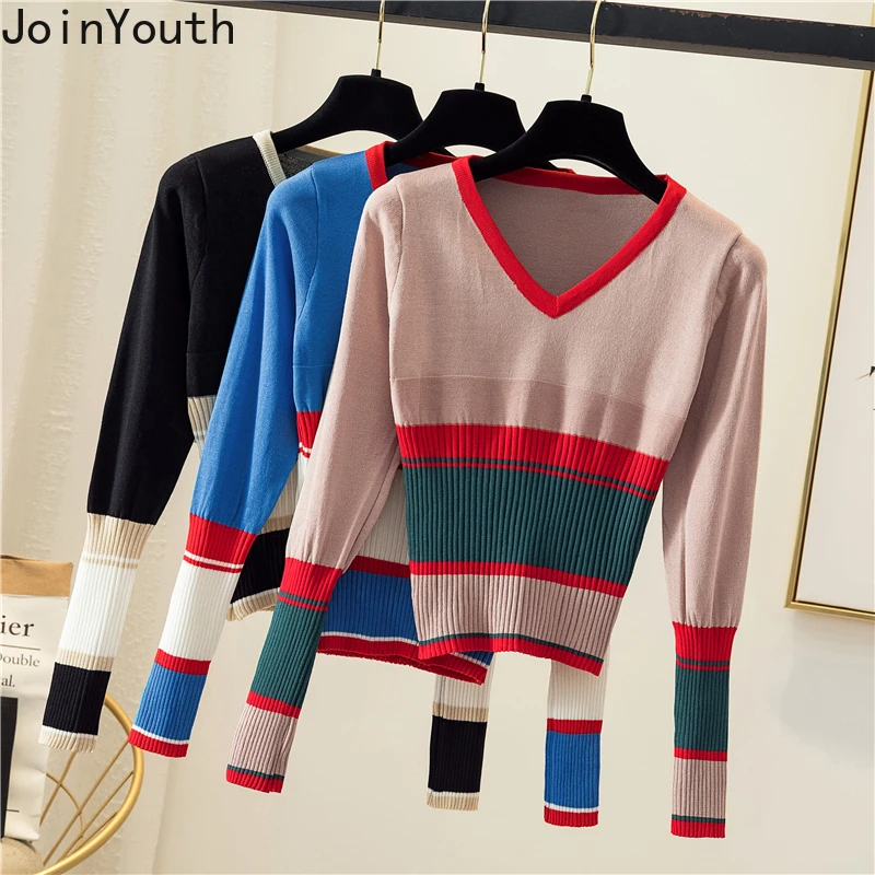 JoinYouth короткие полосатые женские свитера с высокой талией 2020 осень зима