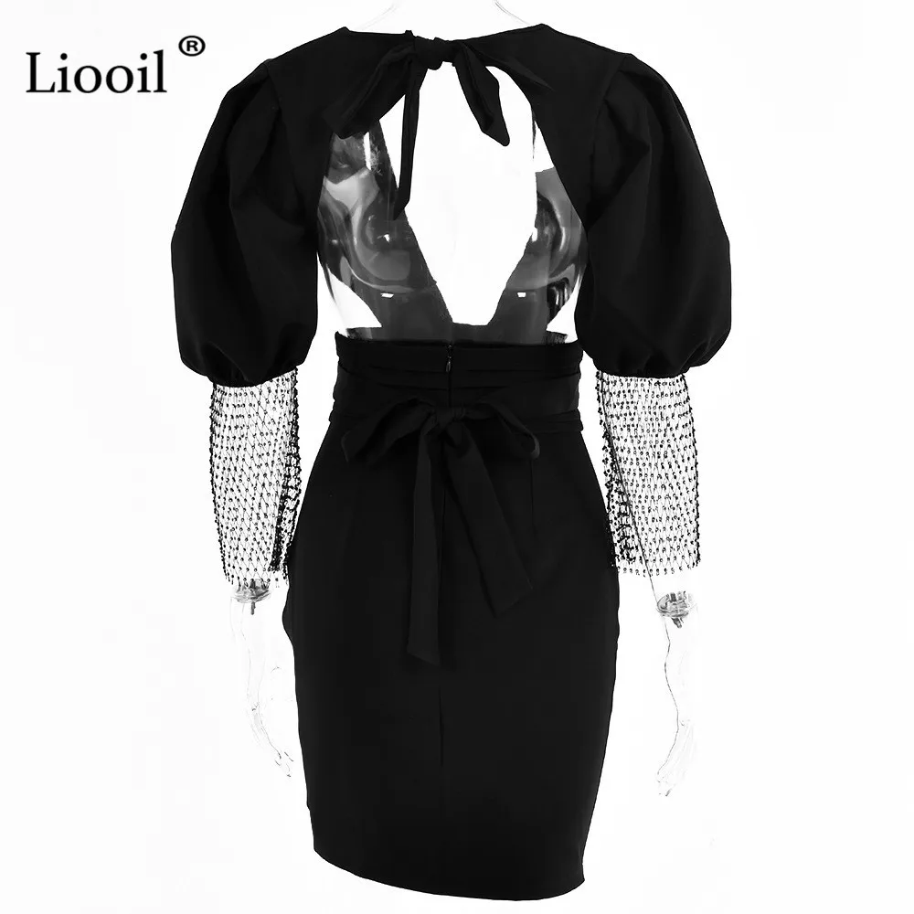 

Liooil Black White Patchwork Mesh Diamonds Mini Dress Women 2021 Lantern Sleeve Backless Lace Up V Neck Ladies Sexy Dresses