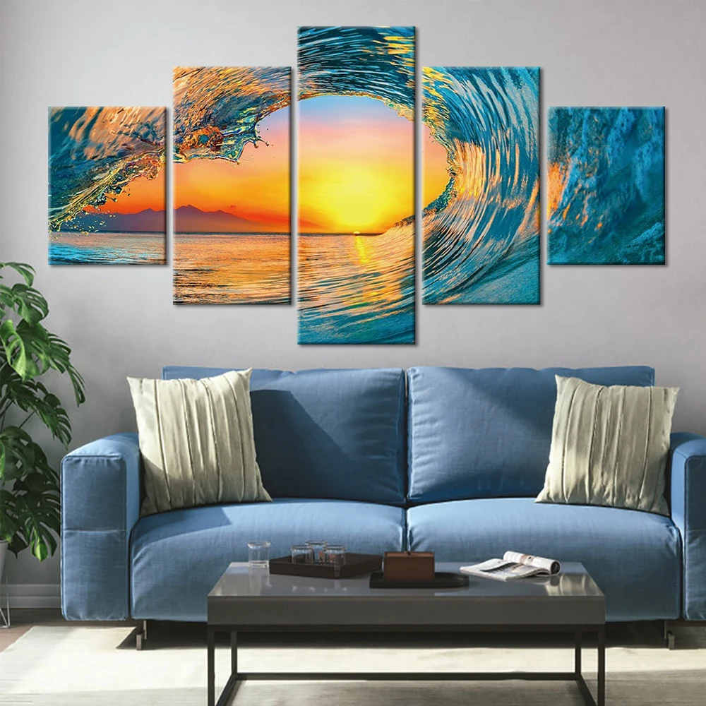 

Sunset Waves Seascape 5 piece HD Wall Art Canvas Print HD Print posters Paintings Oil Painting Living Room Home Decor Pictures