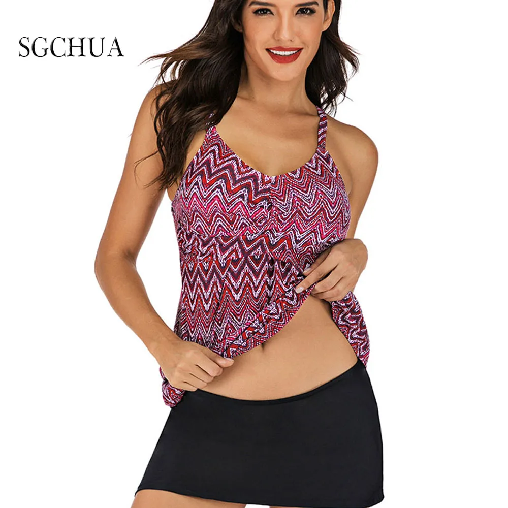 

2021 Plus Size Tankini Set Swimdress Vintage Print Swimwear Women Swimming Suit Black Swimsuit With Skirt Bathing Suit S-5XL