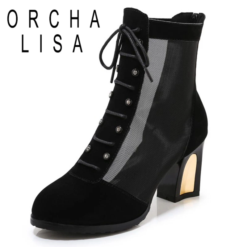 

ORCHA LISA Female Summer Boots Pointed Toe 7cm Strange Heels Zipper Lace up Cross-tied Rhinestone Mesh Size 33-43 Date C1917