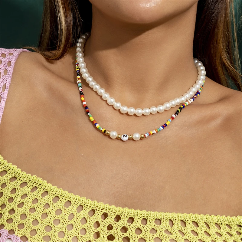

Bohemian Style Trend Hit Color Rice Bead Necklace Creative Imitation Pearl Beaded Double Layered Necklace Jewelry Gift Female