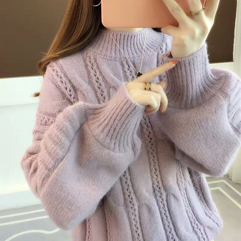 2019 Autumn Winter Women Knitted Sweaters Pullovers Turtleneck Long Sleeve Solid Color Female Loose Lantern Sweater | Женская одежда