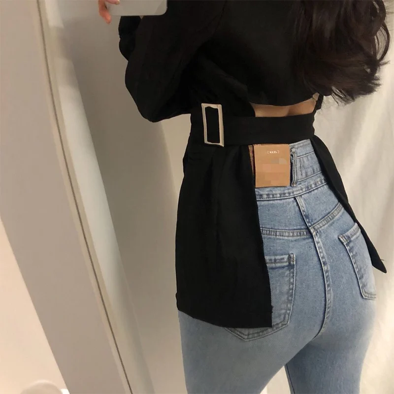 

Women Backless Sashes Solid Blazer Female Lace Up Long Sleeve Black White Blazers With Belt Autumn Girls Fashion Sweet Outerwear