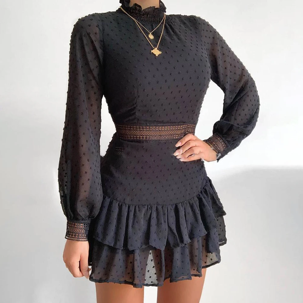 

Осенне-весеннее модное платье 2021, повседневные однотонные черные Многослойные ажурные трапециевидные мини-платья с оборками, Новое поступ...