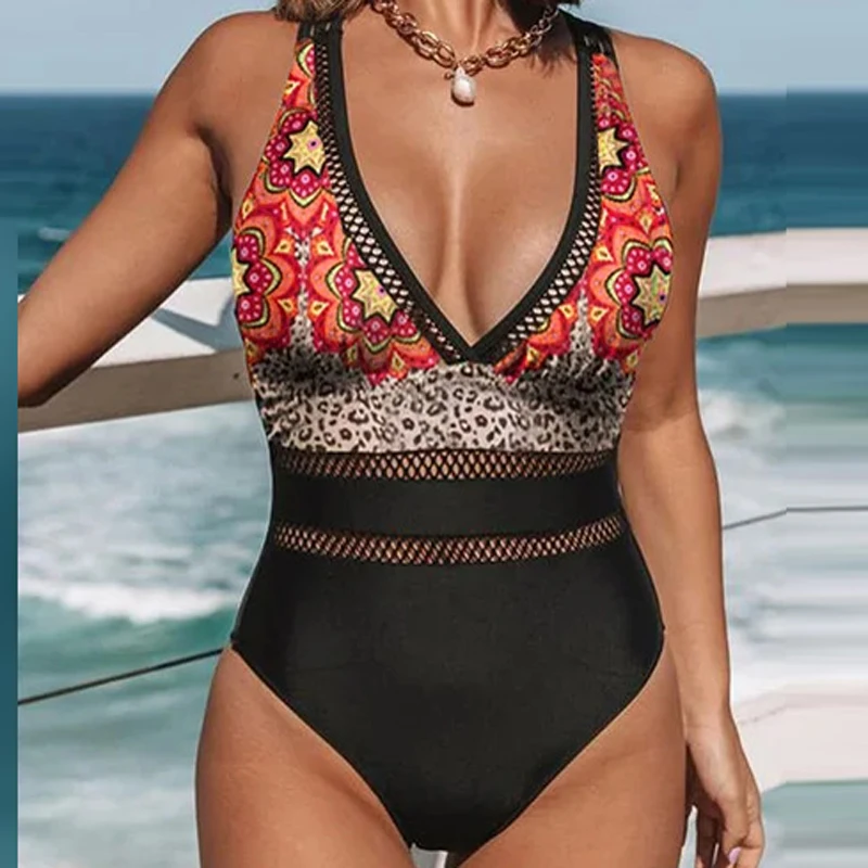 

Sexy Criss-cross Backless One Piece Swimsuit Women Floral Print Patchwork Bikini Brazilian Female Hollow Out Bathing Suits Swim