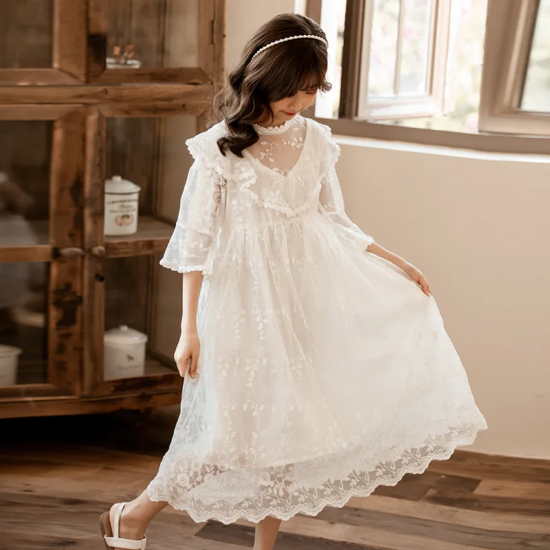 Princess Purple Lace Long Dress for Big Girl New 2020 Summer INS Girls Clothing 4 6 8 10 12 14 years white party dress o school | Детская