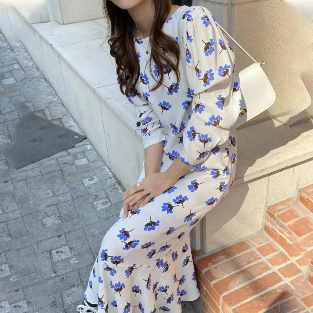 

2021 New Women Spring Vintage Backless Long Flower Trumpet Dress Casual Pullover Maxi Dresses Split Hem