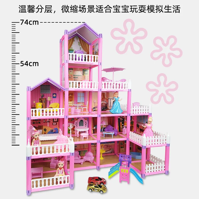 

Princess Big Villa DIY Dollhouses Pink Castle Play House With Slide Yard Kit Assembled Doll House Toy Birthday Gift Kitchen Item