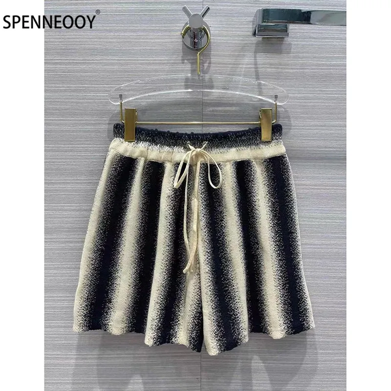 SPENNYMOOR 2021 Designer Brand Summer Stripe Knitting Shorts Women Elastic Waist Casual Loose Shorts