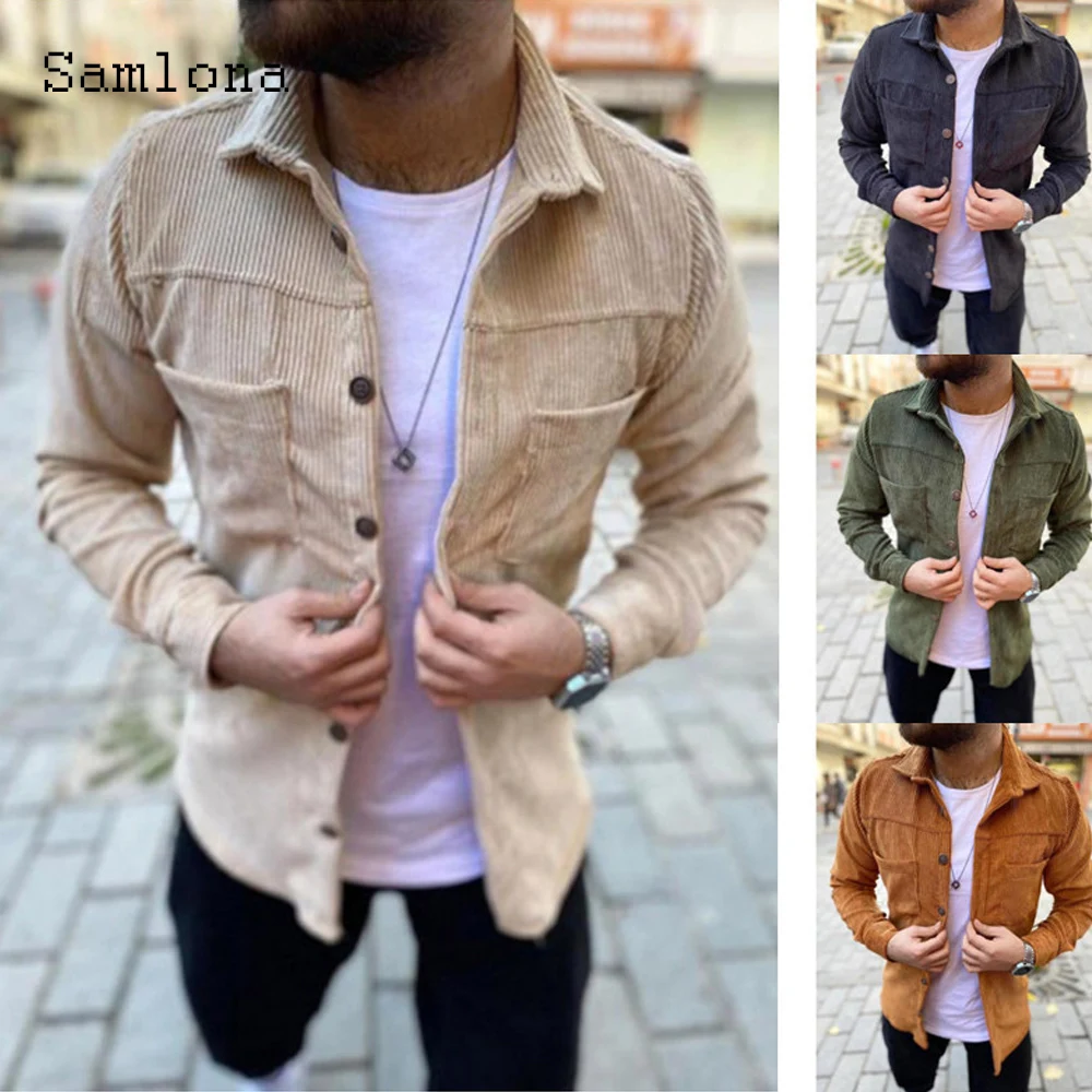 

Samlona Men Elegant Leisure Casual Blouse Long Sleeve Corduroy Shirt Masculina Camisa Shirt blusas Homme Ropa Mens Khaki Tops