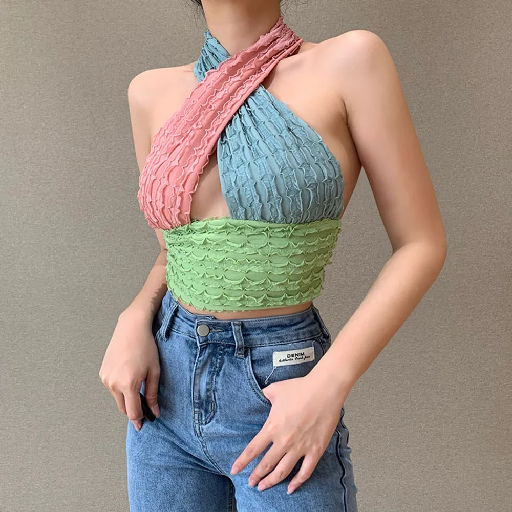 

Three-Color Halter Neck Display Chest Vest Fashion Contrast Color Sexy Waistless Small V-neck Sling Slim-Fit Vest