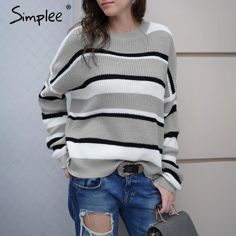 Simplee Stripes casual knitted women pullover sweater Long sleeve oversize autumn winter female jumper Streetwear ladies | Женская
