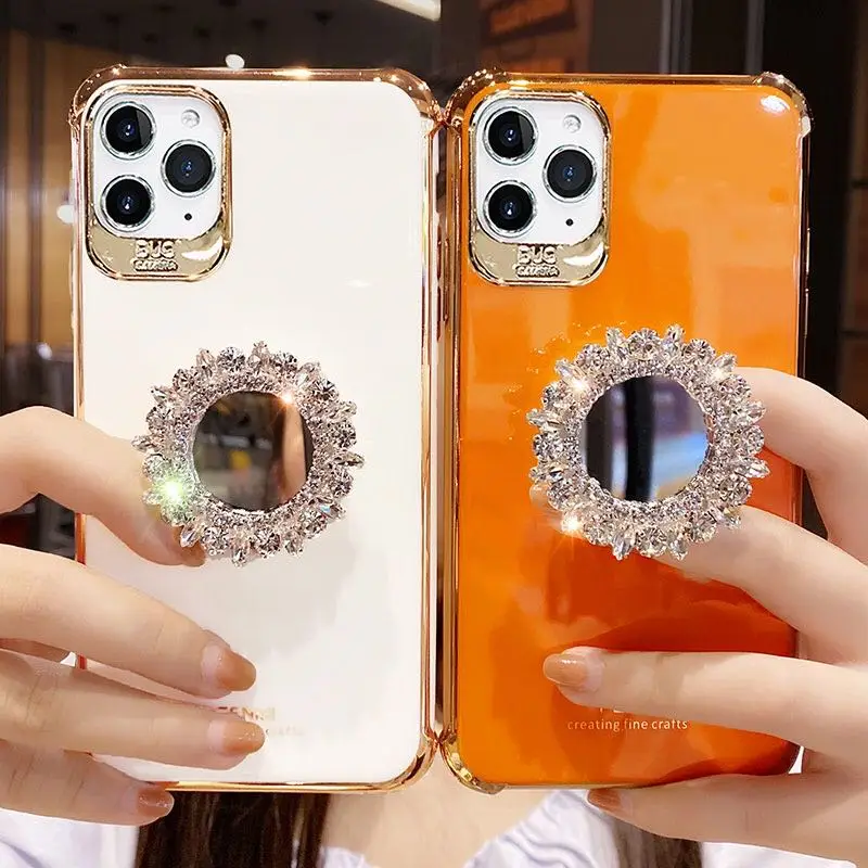 

Luxury Electroplate 3D Glitter Bling Rhinestone Mirror Bracket Soft Phone Case for Iphone X XR XS 11 12 PRO MAX 7 8 Plus Cover