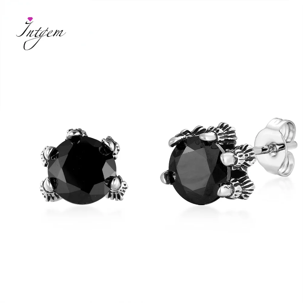 

925 Sterling Silver 6MM Round Black Zircon Stud Earrings Animal Hand Thai Silver Fine Jewelry for Women Ear Jewelry Wholesale