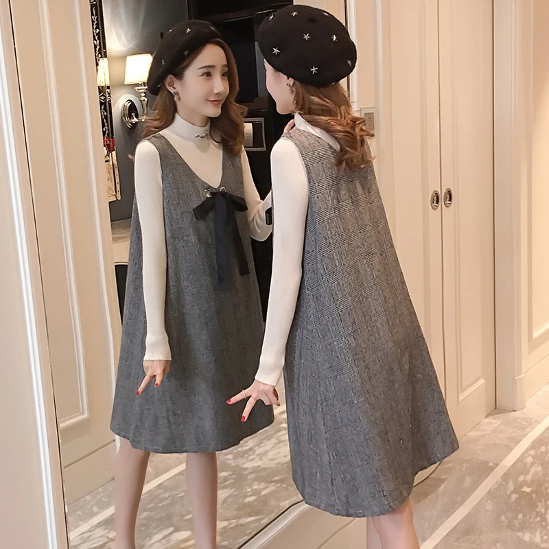 6607 Black 6596# 2PCS/Set Autumn Korean Fashion Maternity Dress Sweet Lovely Straight Loose Clothes for Pregnant Women Fall Pregnancy - Color: 6607 Black