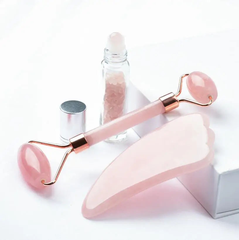 Нефритовый валик и Гуа Ша Набор Из Натурального Розового Кварца ролик для лица