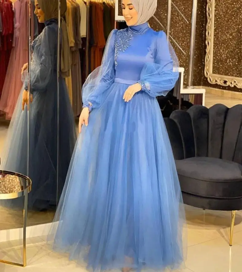 

Blue A-line Evening Dress Long Sleeves Muslim High Neck Applique Floor Length 2020 New Prom Dress For Party платья знаменитостей
