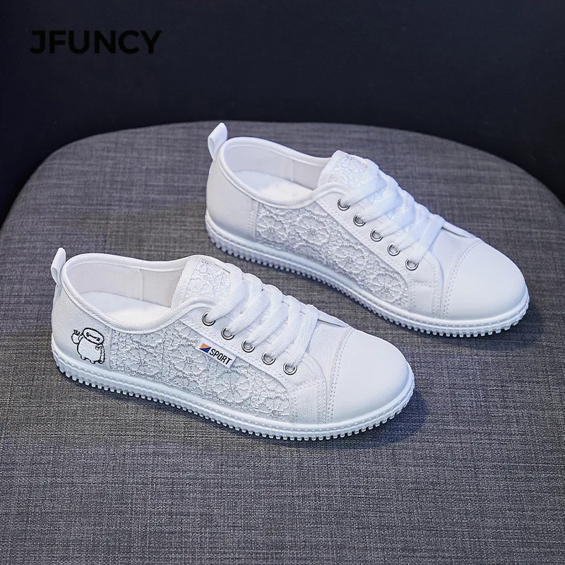 

JFUNCY Women's Shoes Breathable White Lace Up Casual Female Flats Lace Canvas Woman Vulcanize Shoe Comfortable Women Sneakers