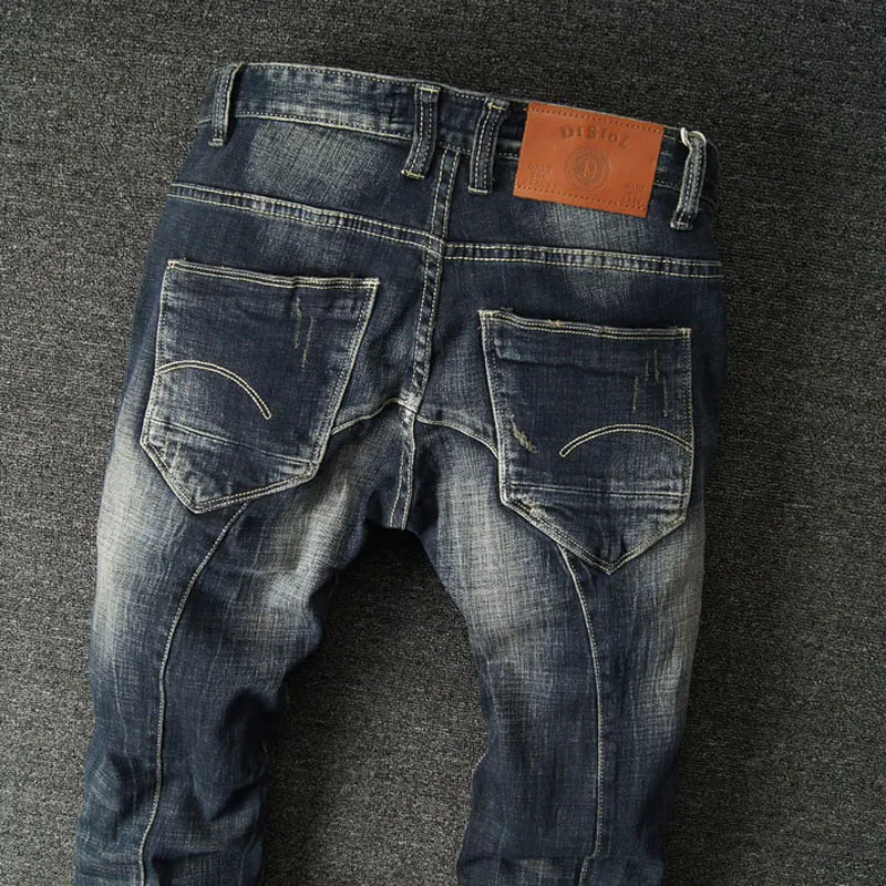 

European Street Fashion Men Jeans Retro Black Blue Elastic Slim Fit Ripped Jeans Men Spliced Designer Hip Hop Denim Punk Pants