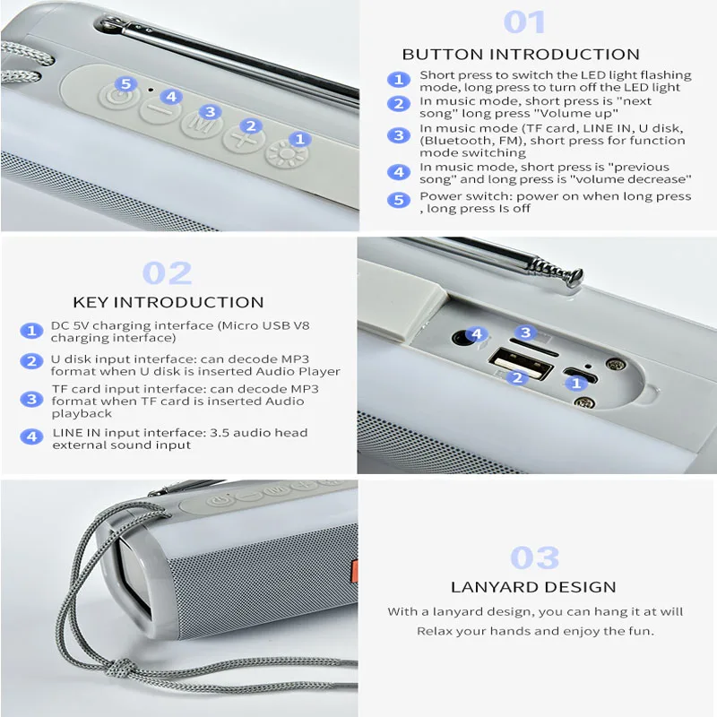 T&amp;G TG144 Беспроводной портативный громкоговоритель Bluetooth с FM-радио, регулируемой антенной, плеером музыки и светодиодной вспышкой.