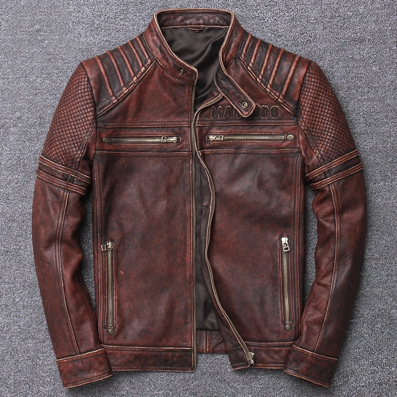 

Vintage Brown 2020 Men Short Motorcycle Leather Jacket Plus Size 5XL Genuine Cowhide American Slim Biker's Coat FREE SHIPPING