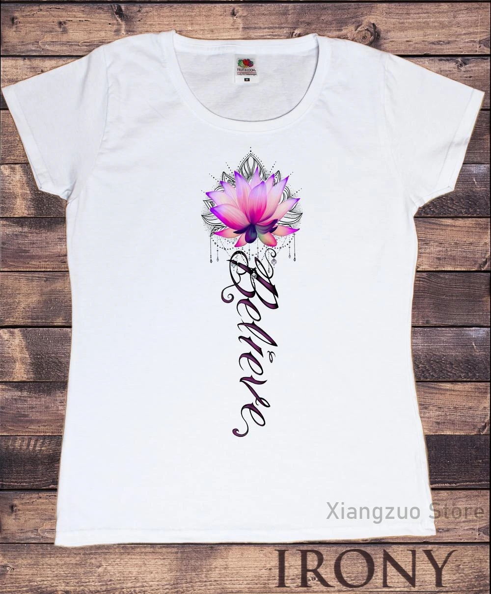 Женская футболка с надписью Believe Lotus Flower- India Boho цветочным принтом Zen TS1304 хлопковая