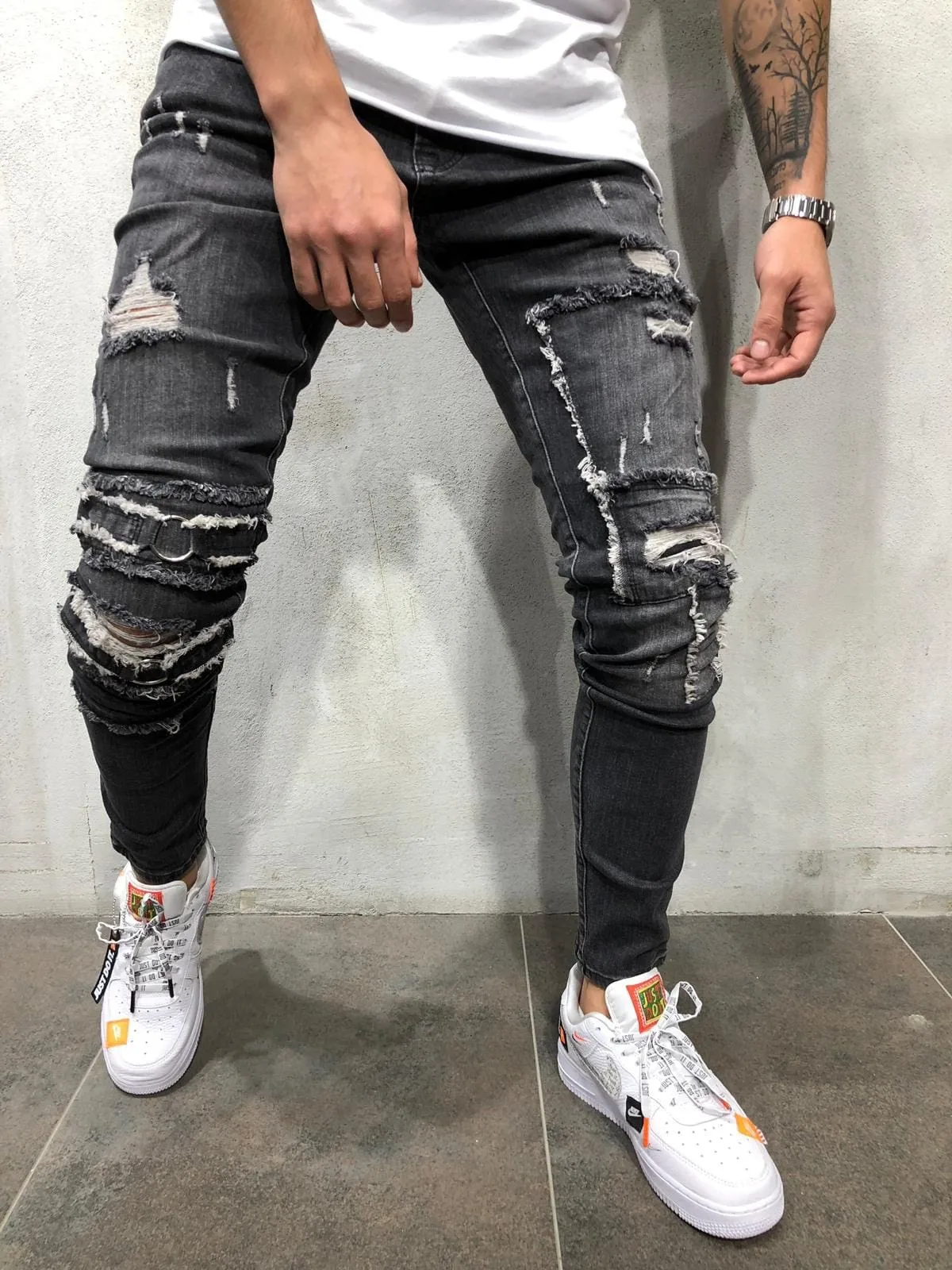 

New Slim Men's Denim Trousers Elastic Waist New Patchwork Frayed Pencil Pants La Ropa De Los Hombres Pantalones Aesthetic Gray