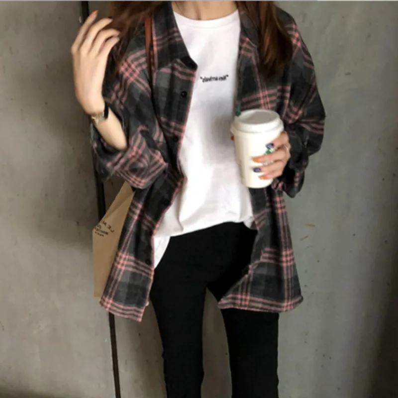 Блузка XFPV Женская в клетку шикарная свободная однобортная рубашка с длинным