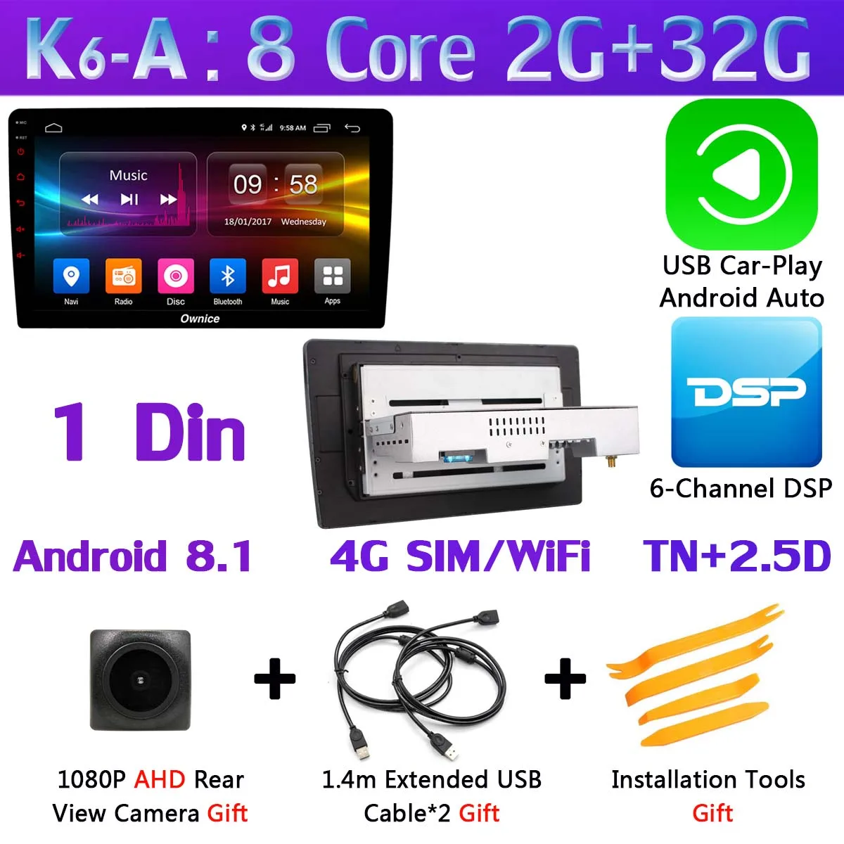 1 Din-K6-A-CarPlay Ownice K6 ультратонкий 1din 4 SIM LTE WiFi 8 ядер Android 8,1 4 Гб+ 64 ГБ Автомобильный мультимедийный плеер радио gps навигация SPDIF DSP CarPlay - Цвет: 1 Din-K6-A-CarPlay