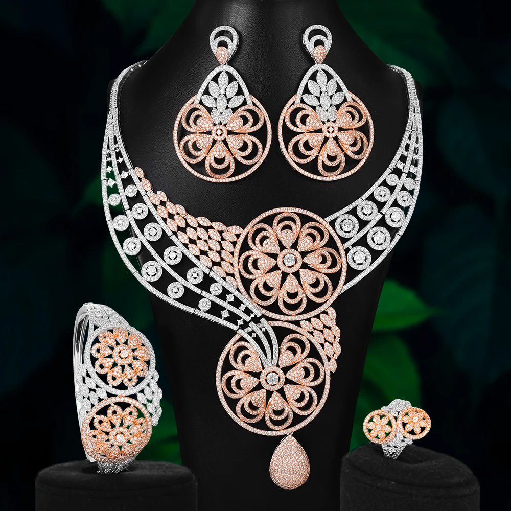 

KellyBola Dubai African 4pcs Luxury Flower Bridal Necklace Earrings Bangle Ring Sets Fashion Jewelry For Women Bijoux Femme