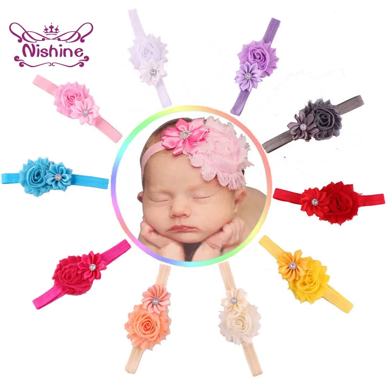 

Nishine 10pcs/lot Chiffon Flower Baby Headband Girls Elastic Shabby Flower Solid Hair Band Hair Accessories Cheveux Bebe