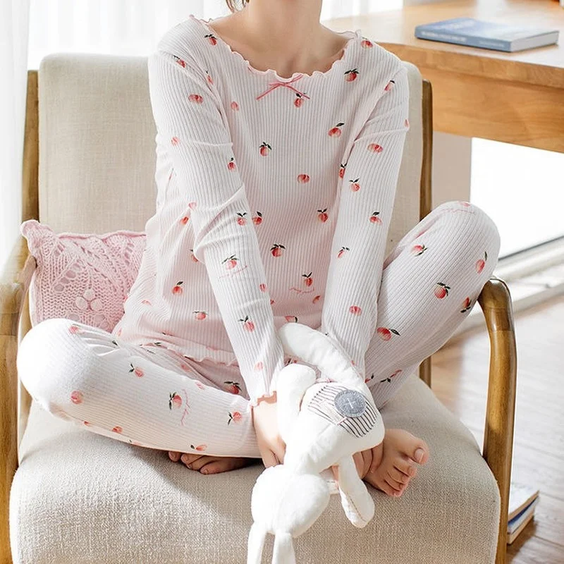 

Women O-neck Long Johns Winter Cotton Second Female Thermal Set Warm Suit Korean Printed Thermal Underwear for Women C118