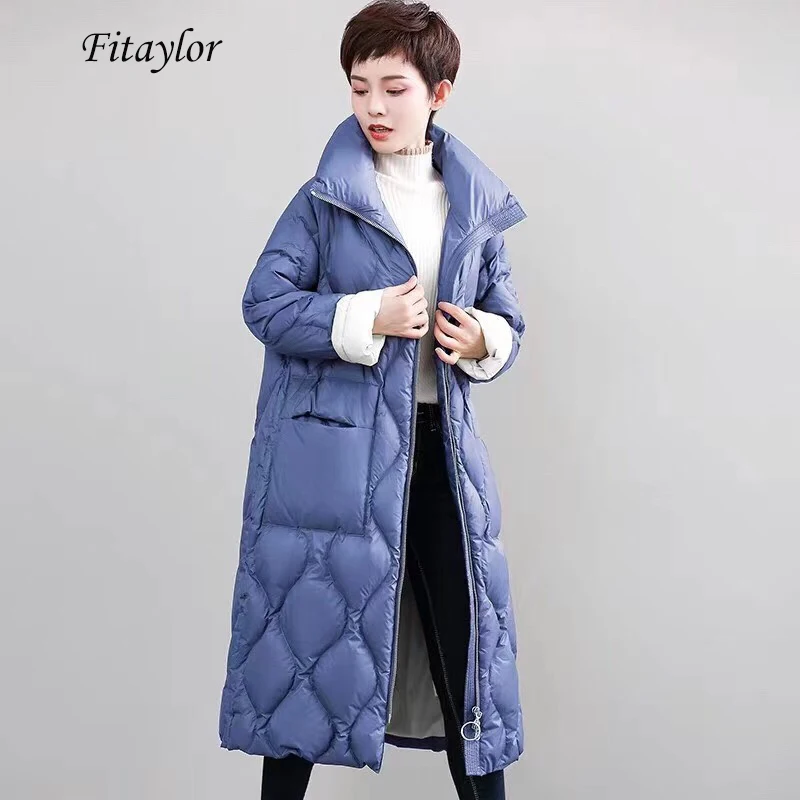 Fitaylor, новинка, зимний женский ультра-светильник, пуховик средней длины, теплые парки со стоячим воротником, с длинным рукавом, на молнии, свободная верхняя одежда