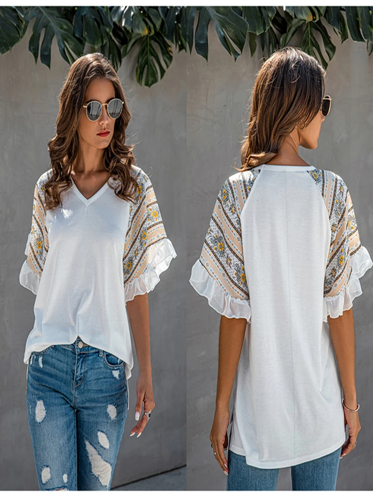 

Women's Blouses Summer White Ruffle Shirt Casual Print Sleeves Patchwork Green Loose Tops Women's Clothing 2021 Femme Blusas Y2K
