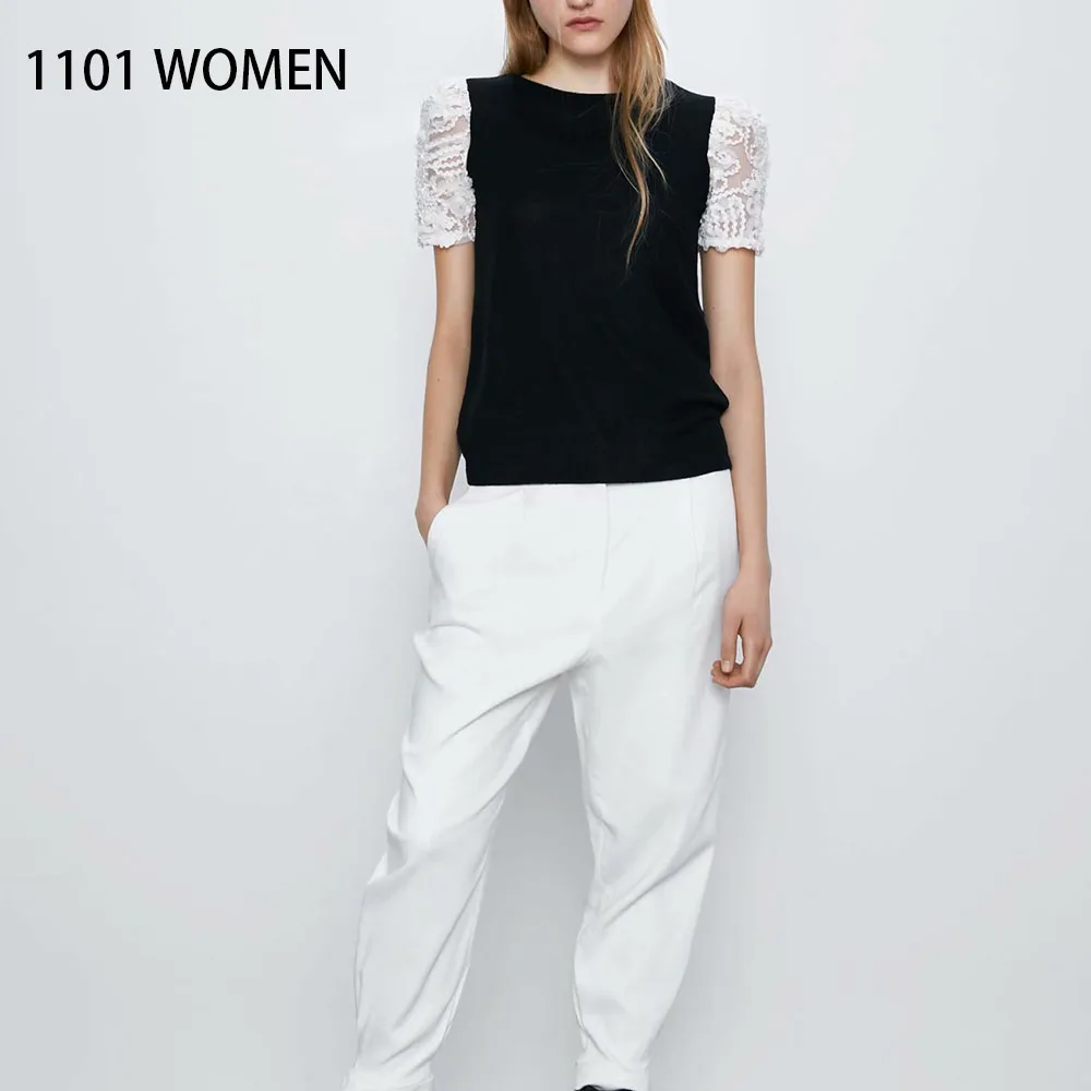 ZA новый весенний женский черно-белый лоскутный вязаный свитер с коротким рукавом