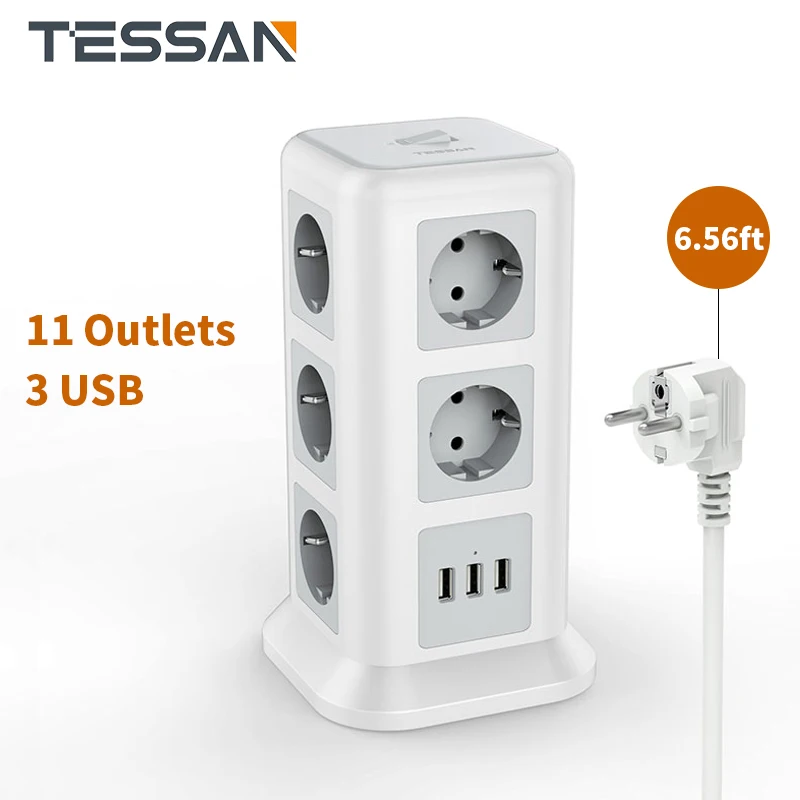 

2022 New Tessan Power Strip Tower With 11 Outlets and 3 USB 2M/6.56ft Extension Cord Multiple Sockets Plug With overload protect