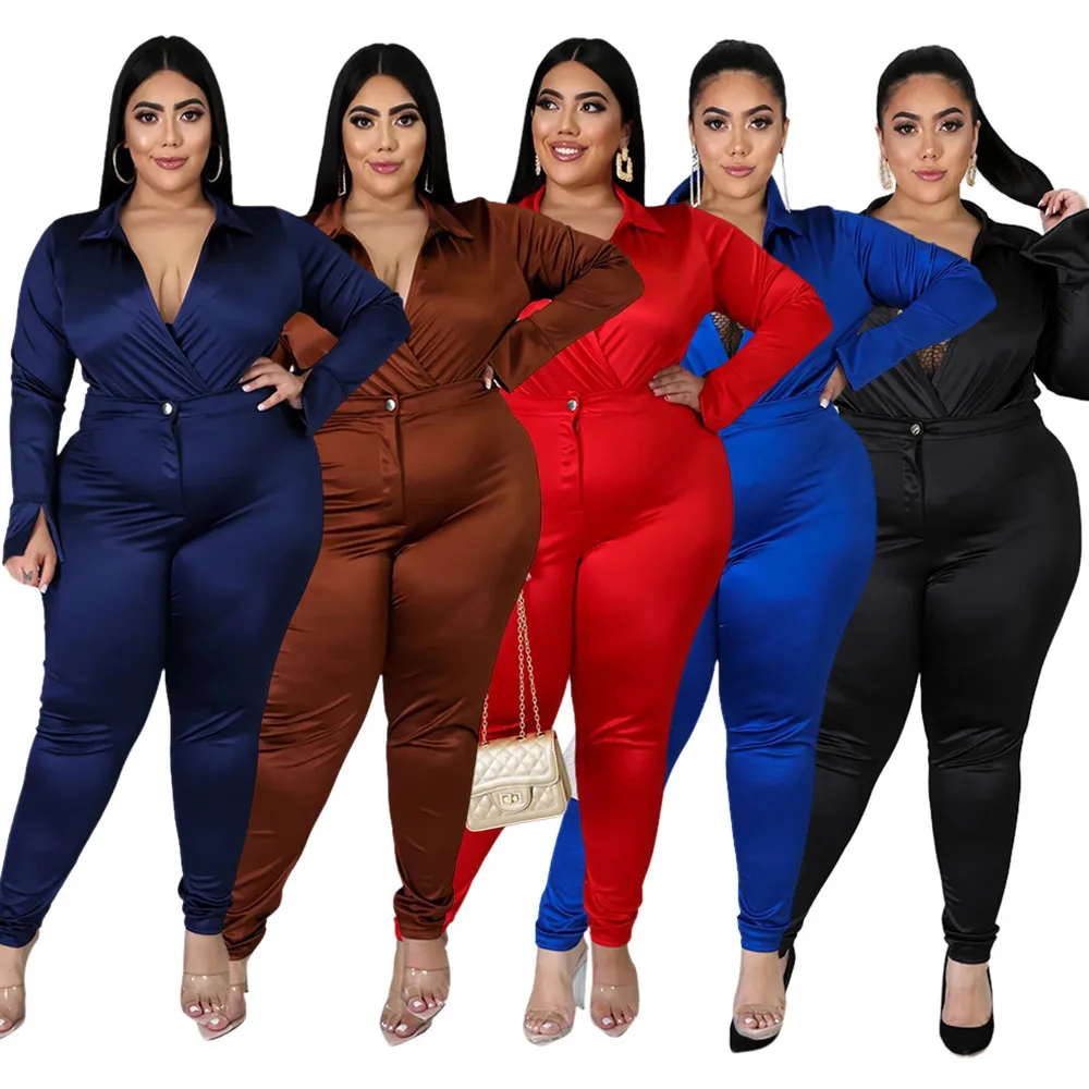 

Lapel Solid Color Ladies Slim Sexy Casual Suit Full Sleeve V Neck Top and High Waist Skinny Long Pants Women Oversize Outfits