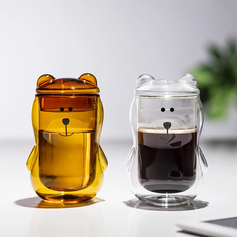 

s Milk cup Glass Double-layer Bear Cup Coffee Cup With Lid Double-layer Insulated Glass Transparent