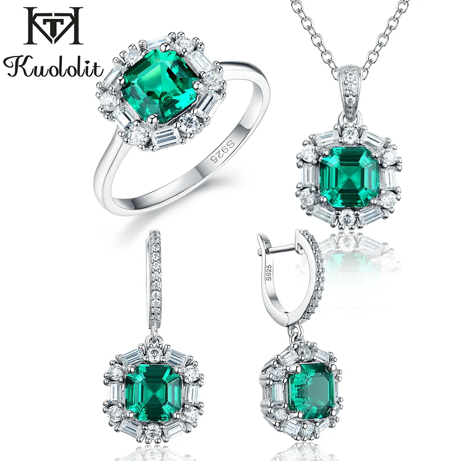 Kuololit Asscher Emerald gemstone Luxury Jewelry Set for Women Real 925 Sterling Silver Green Ring Earrings Bridal | Украшения и
