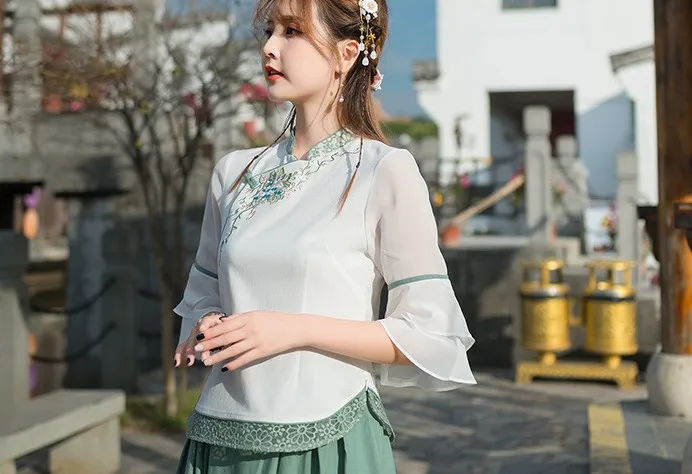 

Cotton Linen Blouse Suit Folk Dress traditional hanfu Elegant Slim Improve Cheongsam
