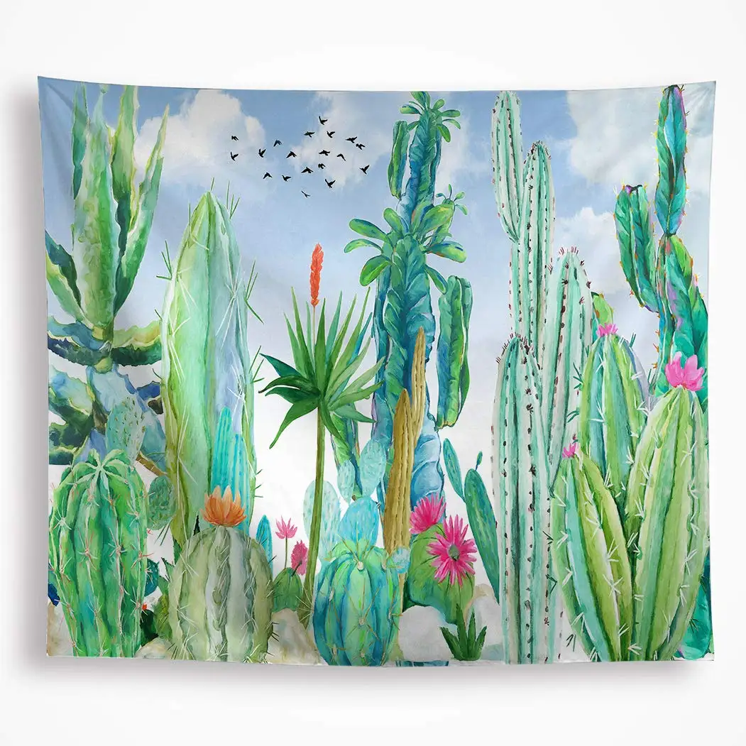 

Watercolor Cactus Tapestry Mandala Green Tropical Cacti Plants Flowers with Blue Sky Birds Wall Art