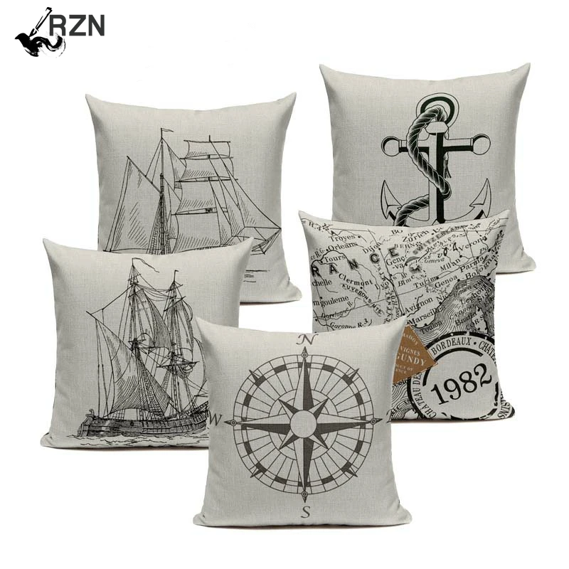 

Customizable Cushion Covers Vintage Ocean Style Pillowcase For Pillow Black White Simple Sofa Cushions Nordic Decoration Home