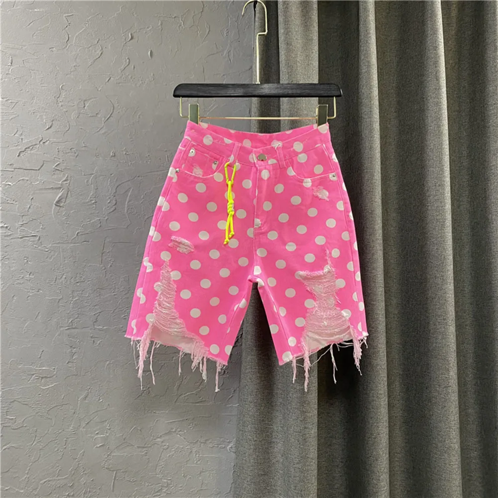 

Sexy All-match Hole Slim Waist Polka Dot Fluorescent Color Denim Knee Length for Women New Hollow-out Loose Jeans Pants Fashion