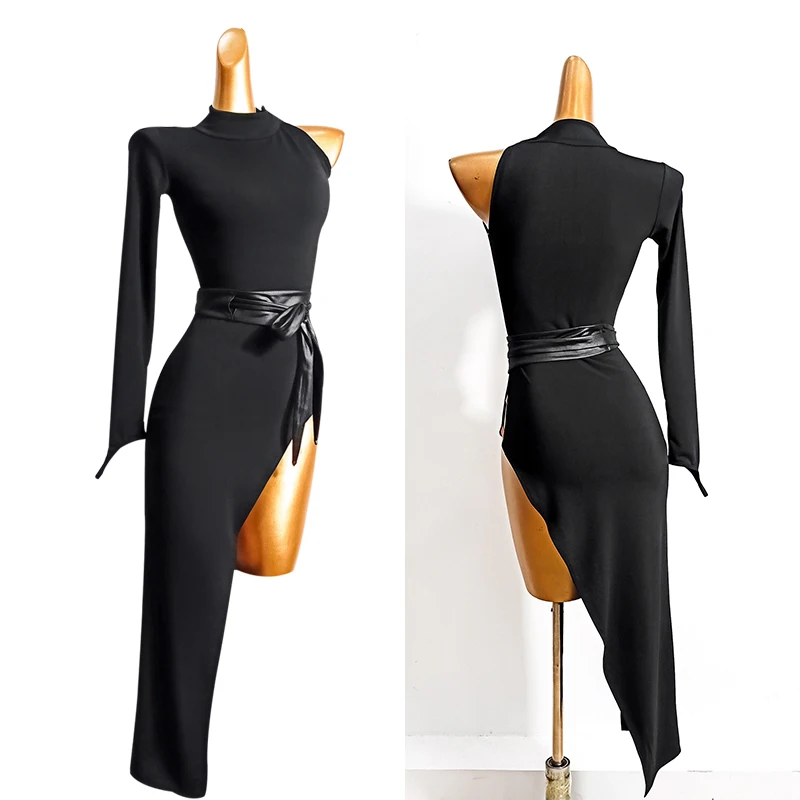 Платье для латиноамериканских танцев черное с длинным рукавом разрезом юбка